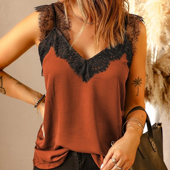 Dainty Rust Orange Brown Tank Top Delicate Lace Straps - Picture 2 of 8